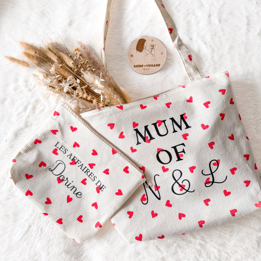 PACK DUO - Tote-bag + pochette en velours côtelé motif cœurs