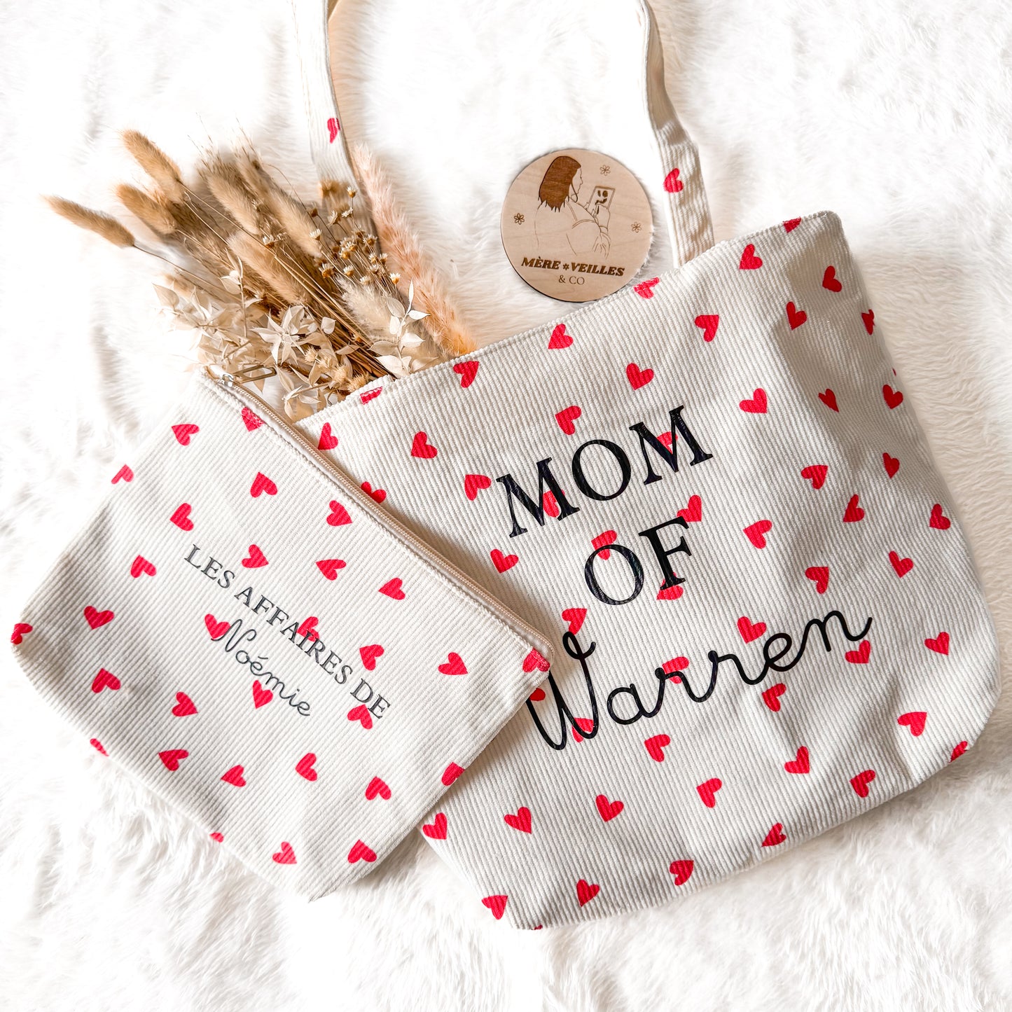 PACK DUO - Tote-bag + pochette en velours côtelé motif cœurs